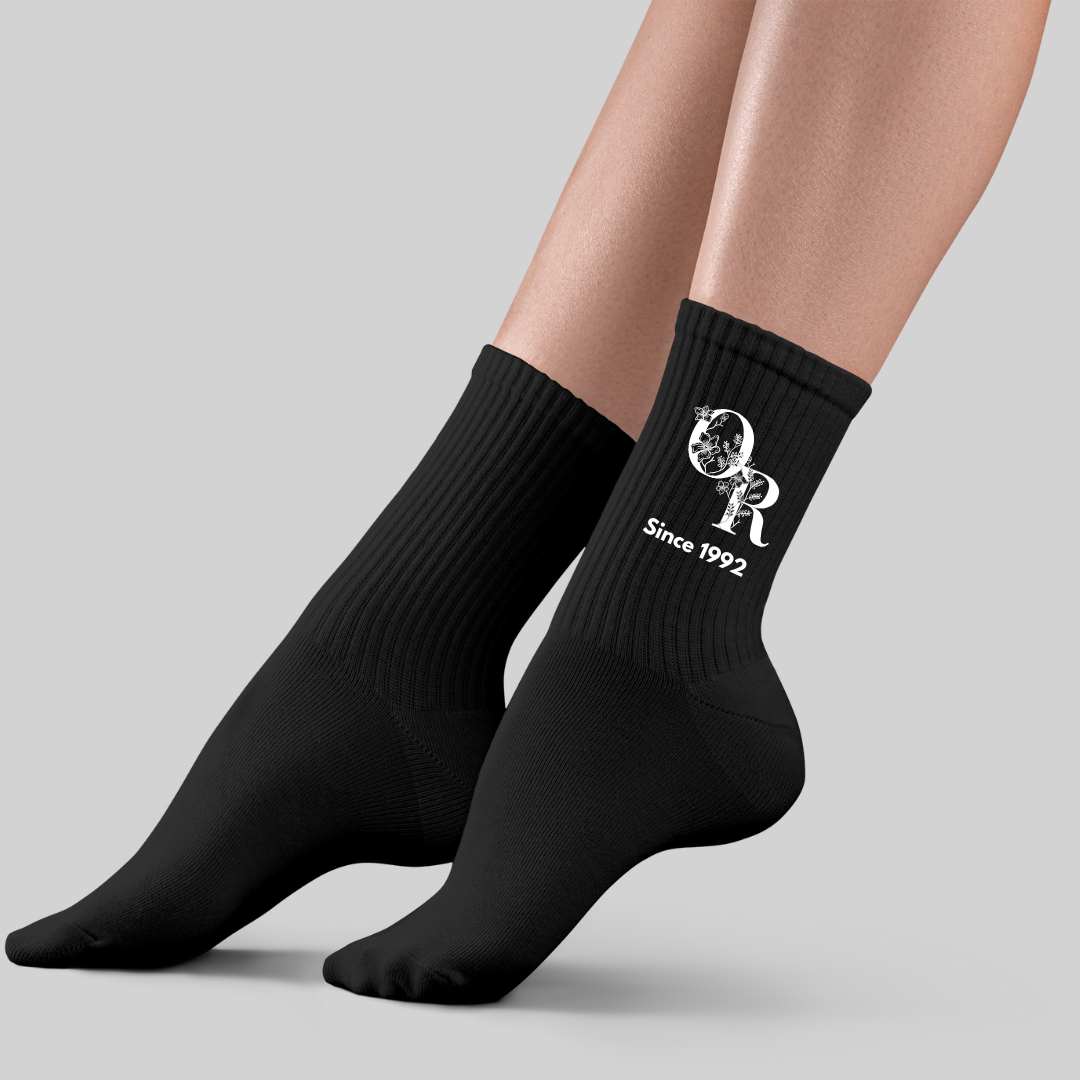Meias pretas caneladas com logótipo branco OR Since 1992