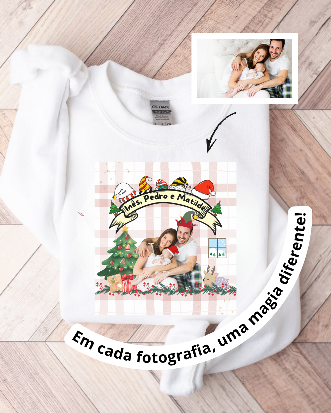 Body branco de algodão com estampa personalizada de Natal com família e texto