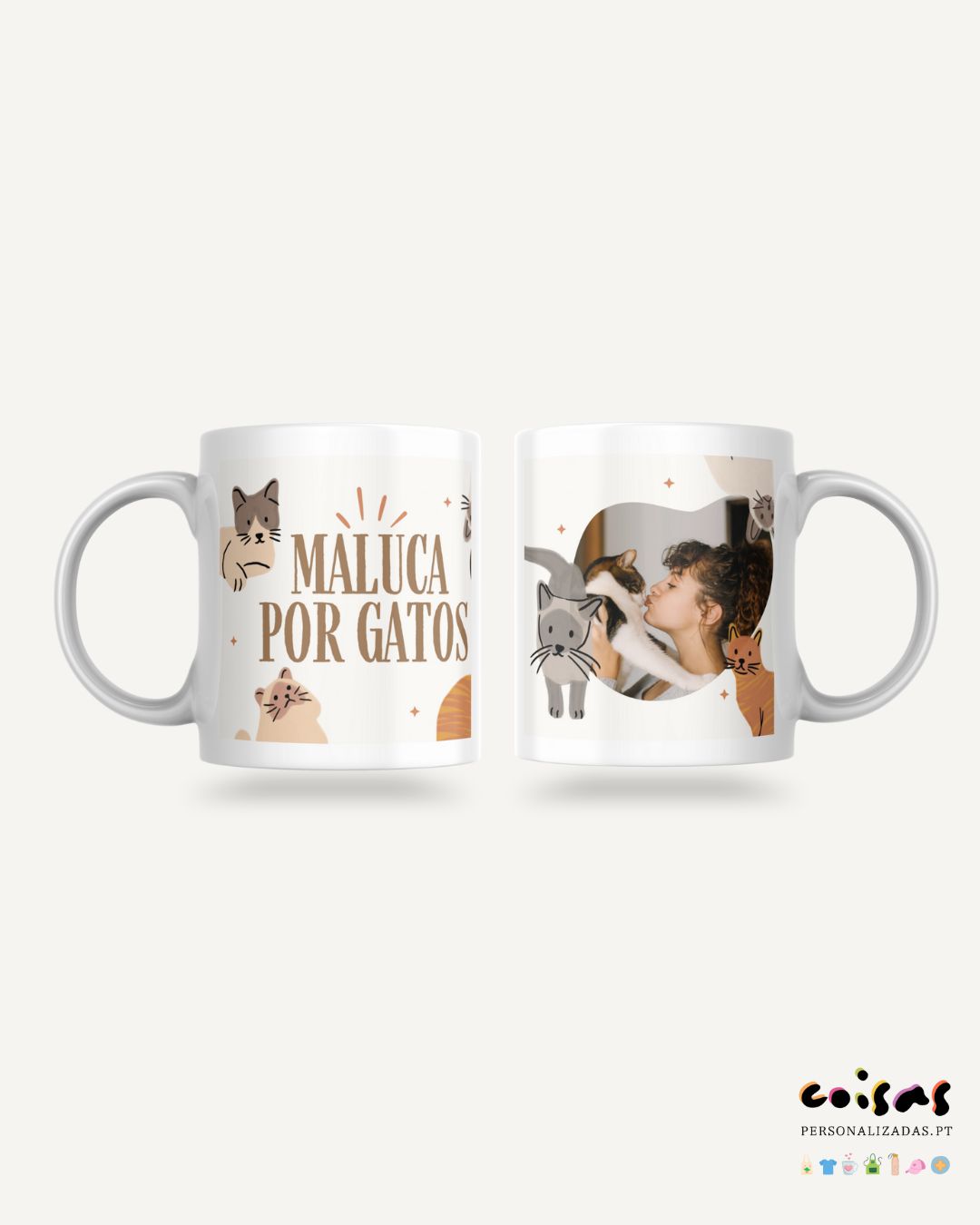 Caneca branca com design de gatos e texto MALUCA POR GATOS