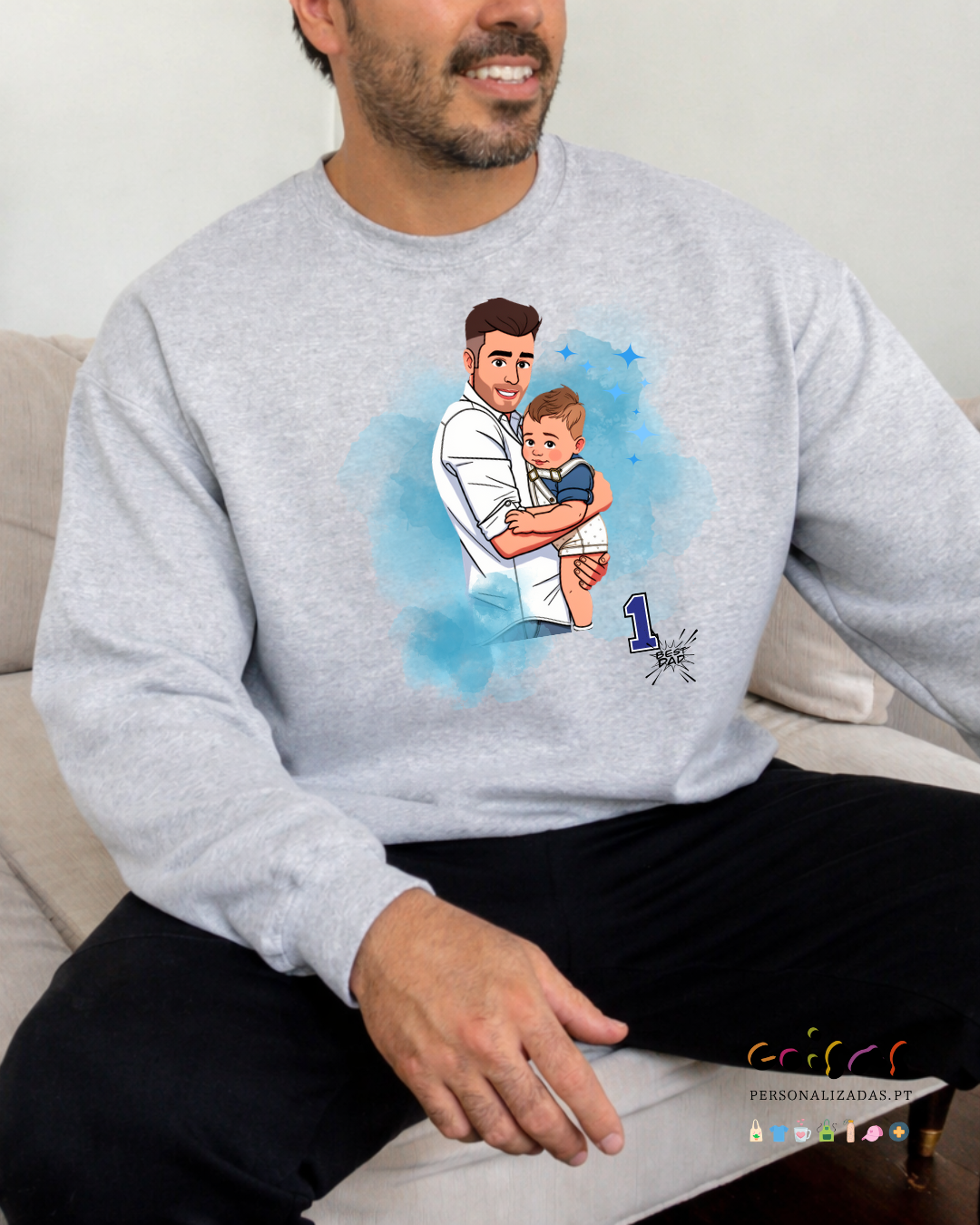 Sweatshirt cinza com estampa de desenho de homem e criança e texto 1 BEST DAD