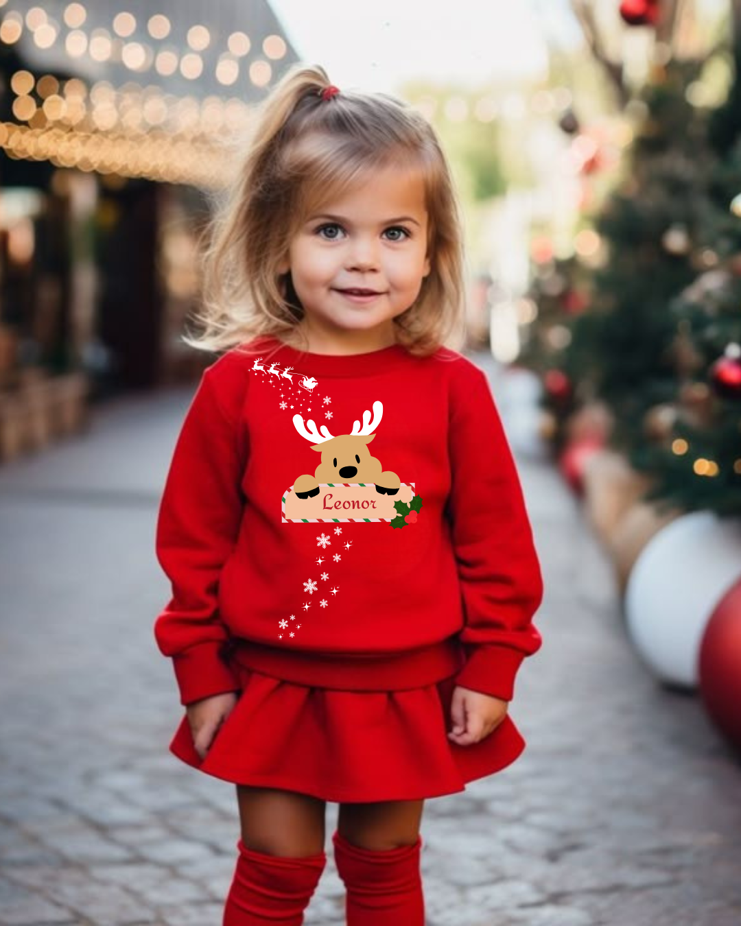 Menina pequena com vestido vermelho e camisola com rena personalizada Leonor, em ambiente natalício exterior