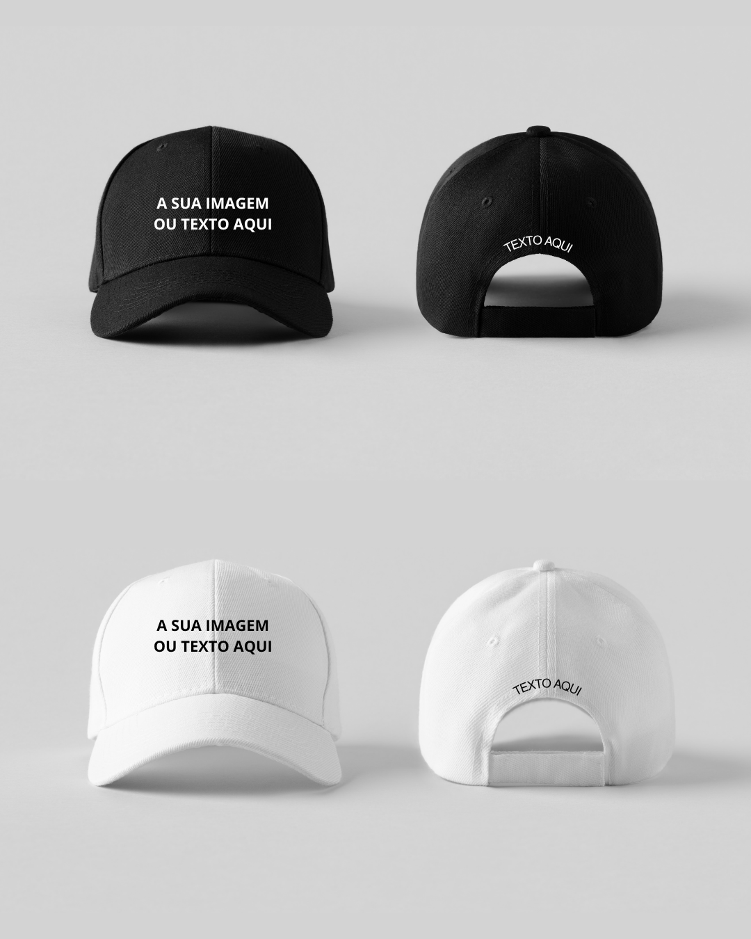 Quatro bonés, dois pretos e dois brancos, com textos personalizados visíveis, em fundo cinza claro.