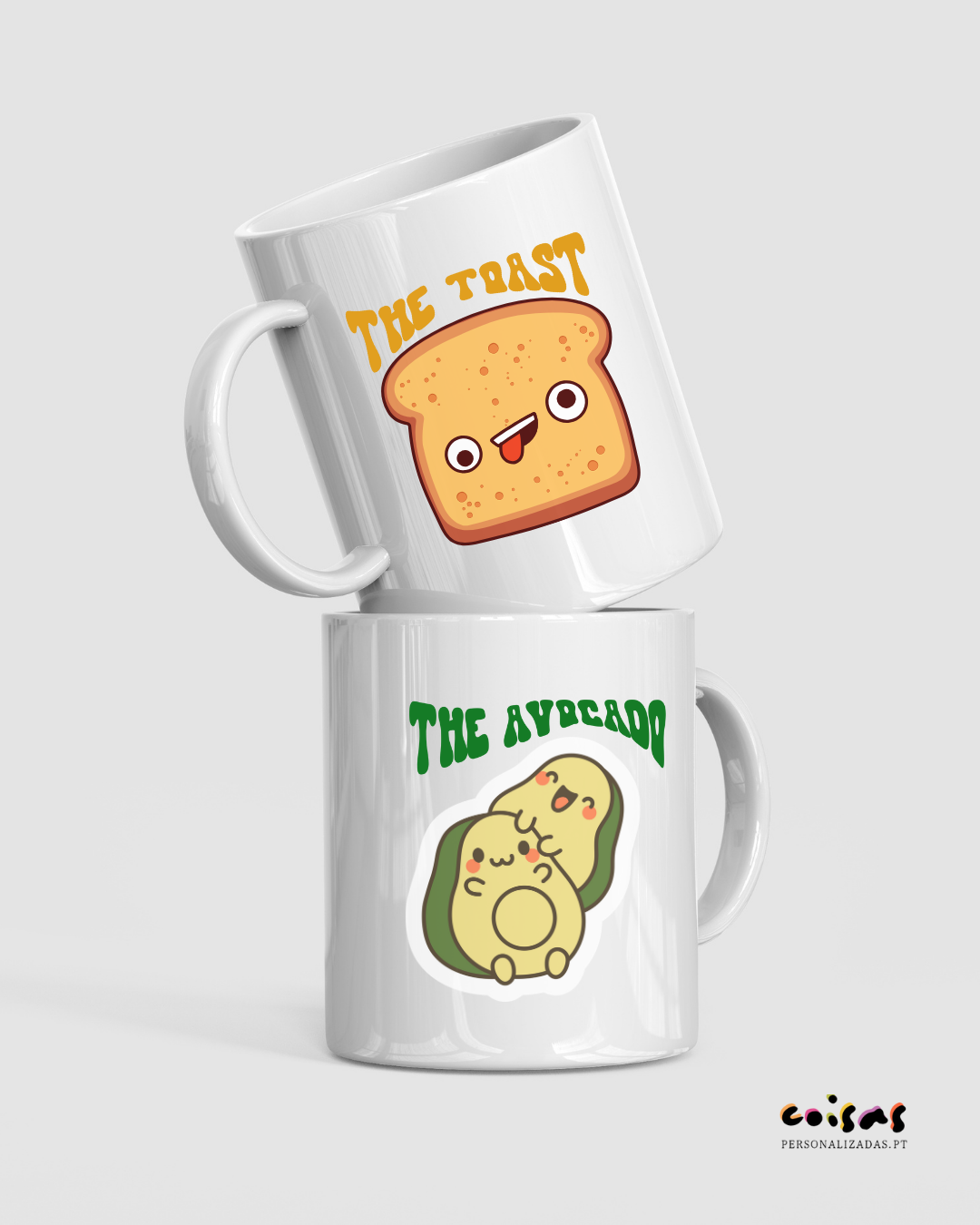 Duas canecas brancas com ilustrações animadas de pão e avocado e texto em inglês.