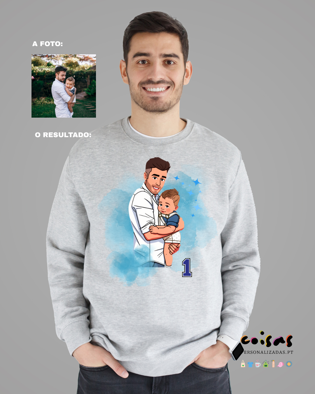 Sweatshirt cinza claro com estampa cartoon de homem a segurar bebé, fundo azul e número 1.