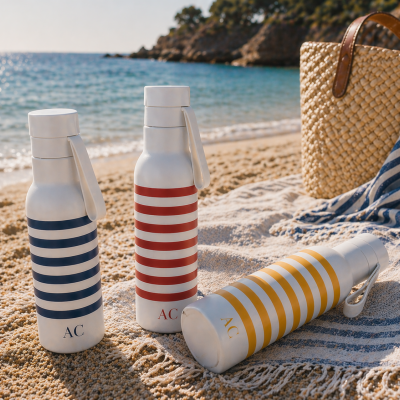 Três garrafas térmicas com riscas coloridas sobre toalha de praia ao lado de bolsa de palha na areia