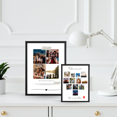 Duas molduras de fotos com imagens de amigos e casais sobre mesa branca com planta e luminária