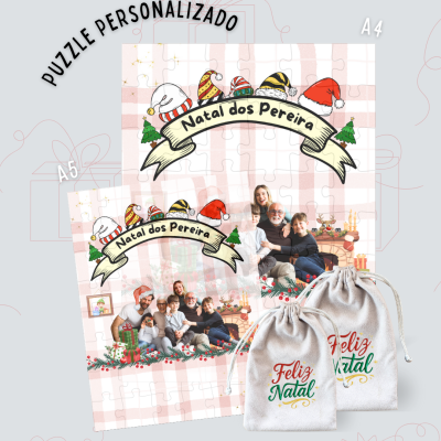 Dois puzzles personalizados de Natal com fotos de família e dois sacos com 'Feliz Natal'