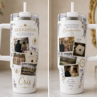 Copo branco com tampa, canudo e decoração temáticas da série Bridgerton