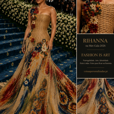 Arte Portuguesa na Met Gala 2026? Vestido de gala com corpete em padrão de vime e saia longa floral colorida com flores de crochê no ombro.