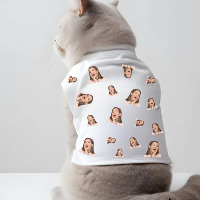 Gato de pelo cinzento com camisola branca estampada com fotos de mulher a expressar surpresa