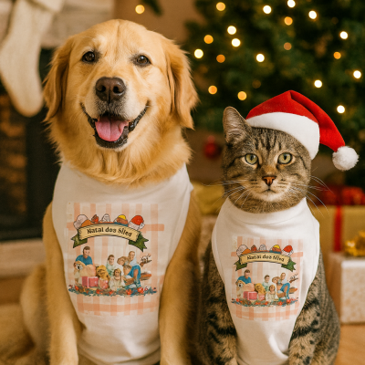 Cão e gato com camisetas de Natal em ambiente festivo com árvore e lareira