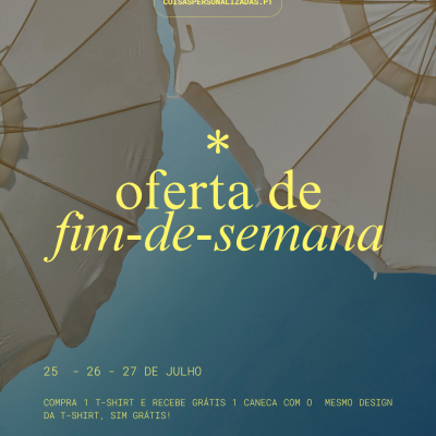 Guarda-sóis brancos com texto amarelo promocional sobre céu azul