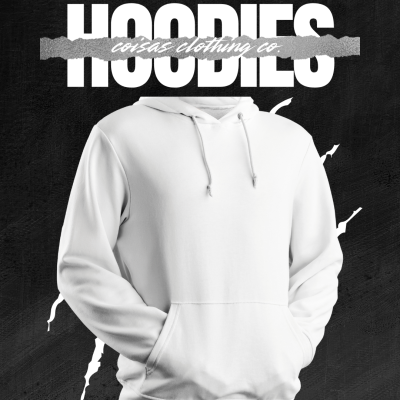 Camisola branca com capuz e bolso, sobre fundo preto com texto 'HOODIES'