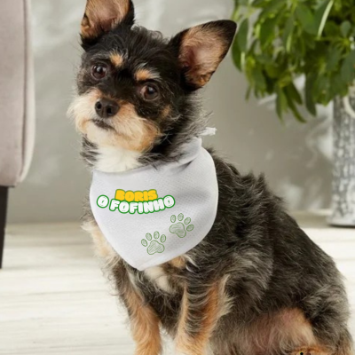Cão pequeno com babete branco personalizado