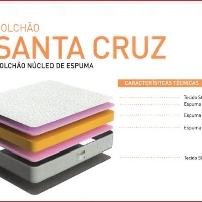 Colchão Santa Cruz com várias camadas coloridas e características técnicas listadas