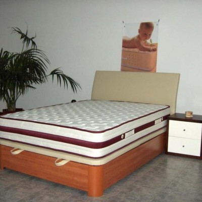 Cama com colchão branco e cabeceira bege ao lado de mesa de cabeceira com plantas e parede branca