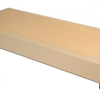 cama individual estofada bege claro com pés pretos