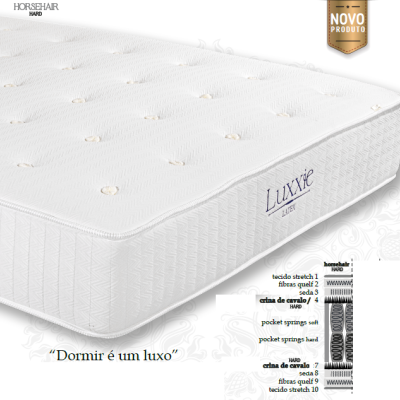 Colchão branco Luxxie com etiqueta e gráfico de composição