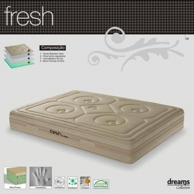 Colchão fresh bege com padrão em relevo e informações de composição e características