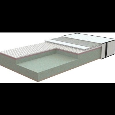 Colchão cortado para mostrar camadas internas com tecido branco e pontos vermelhos