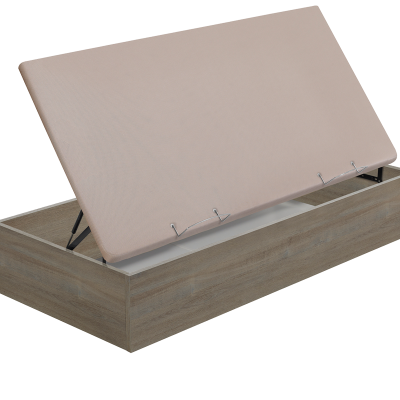 Baú de arrumação em madeira clara com tampa estofada bege e sistema de abertura a gás