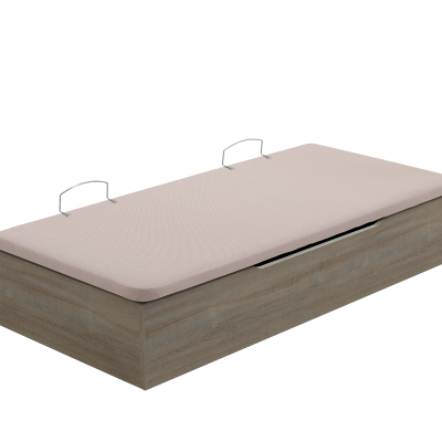 Cama individual com estrutura de madeira clara e colchão rosa com alças metálicas