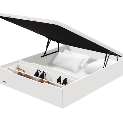 Cama caixa de armazenamento branca com tampo elevatório preto e divisórias interiores para organização.