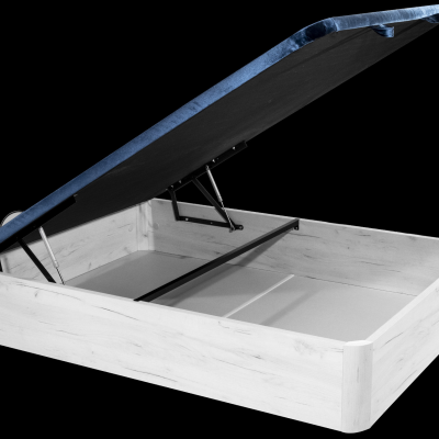Caixa de arrumação de cama com tampa estofada azul levantada