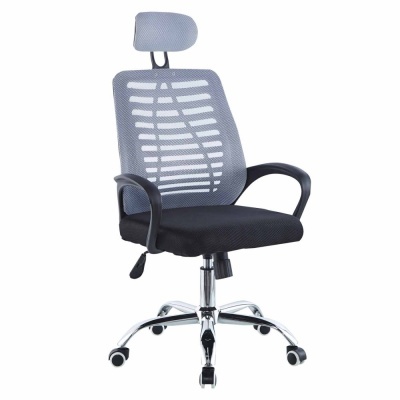 Cadeira de escritório cinzenta e preta com apoio de cabeça ajustável