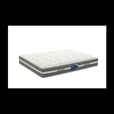 Colchão branco e cinza com etiqueta azul e padrão ondulado no topo