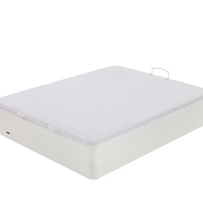 Colchão branco com base retangular, textura riscada e puxador preto