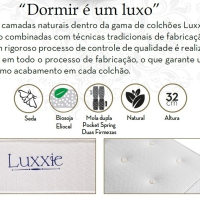 Imagem publicitária de colchão Luxxie com texto descritivo e imagens dos tecidos e etiquetas