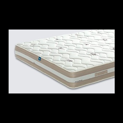 Colchão branco acolchoado com laterais bege e etiquetas