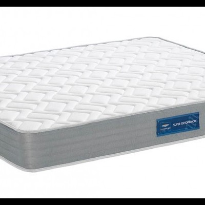 Colchão retangular branco com bordas cinza e etiqueta azul Orthopedic