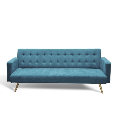 sofá azul turquesa com botões e pernas douradas