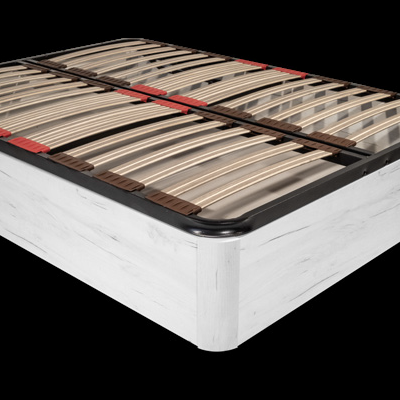 Estrado de cama de madeira com ripas e suportes pretos e vermelhos