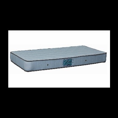 Colchão cinzento claro com etiqueta azul e branca na lateral