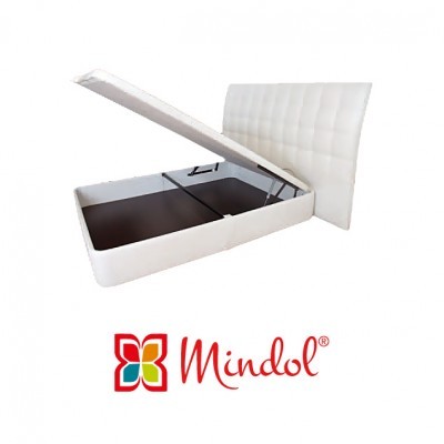Cama de arrumação estofada branca com cabeceira acolchoada aberta e logótipo Mindol