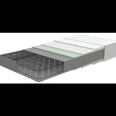 Colchão cortado em secção mostrando camadas internas de molas e espumas coloridas