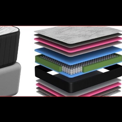 Colchão preto com camadas internas coloridas e texto em português