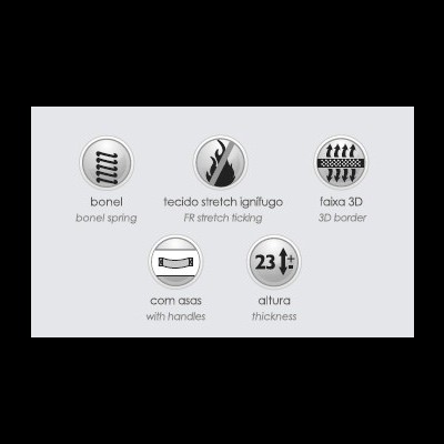 Ícones explicativos das características do produto com texto em português e inglês