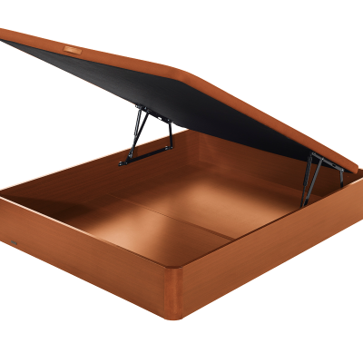 Base de cama de armazenamento em madeira castanha com tampa estofada preta aberta