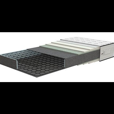 Colchão com camadas internas visíveis, molas e espuma, fundo branco