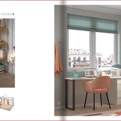 Quarto moderno com cama, mesa de estudo, estante, armário e janela grande