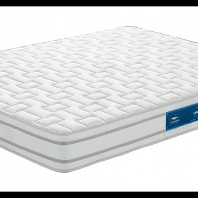 Colchão branco com padrão geométrico e etiqueta azul