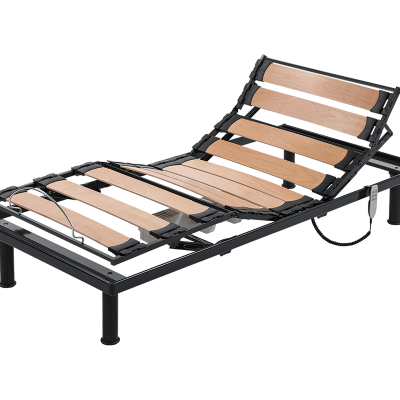 Estrado de cama ajustável com estrutura metálica e ripas de madeira claras.