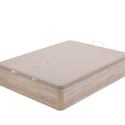 Colchão com base em madeira clara e topo bege com alças laterais