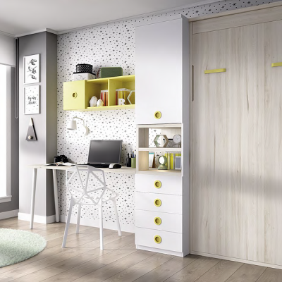 Quarto moderno com mobiliário branco e amarelo, janela grande e papel de parede com pontinhos pretos