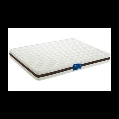 Colchão branco com padrão acolchoado e faixa lateral cinza com etiqueta azul