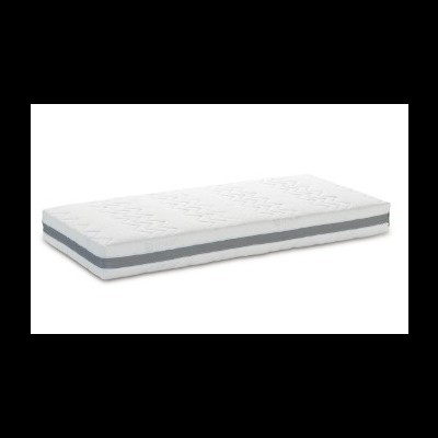 Colchão branco com faixa cinza e padrão texturizado